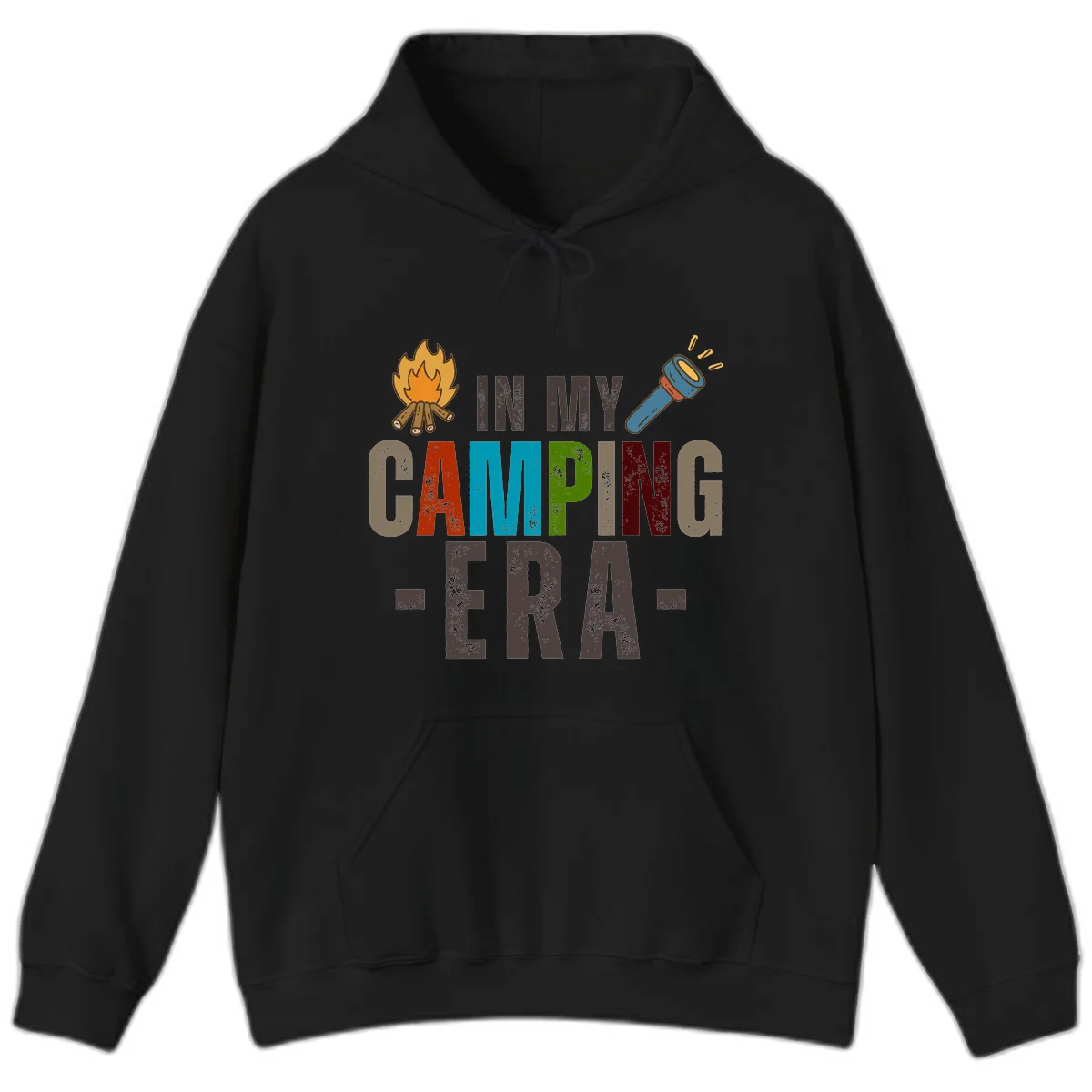 Campfire and flashlight icons flank colorful distressed text reading 'In My Camping Era' on gray background in Black