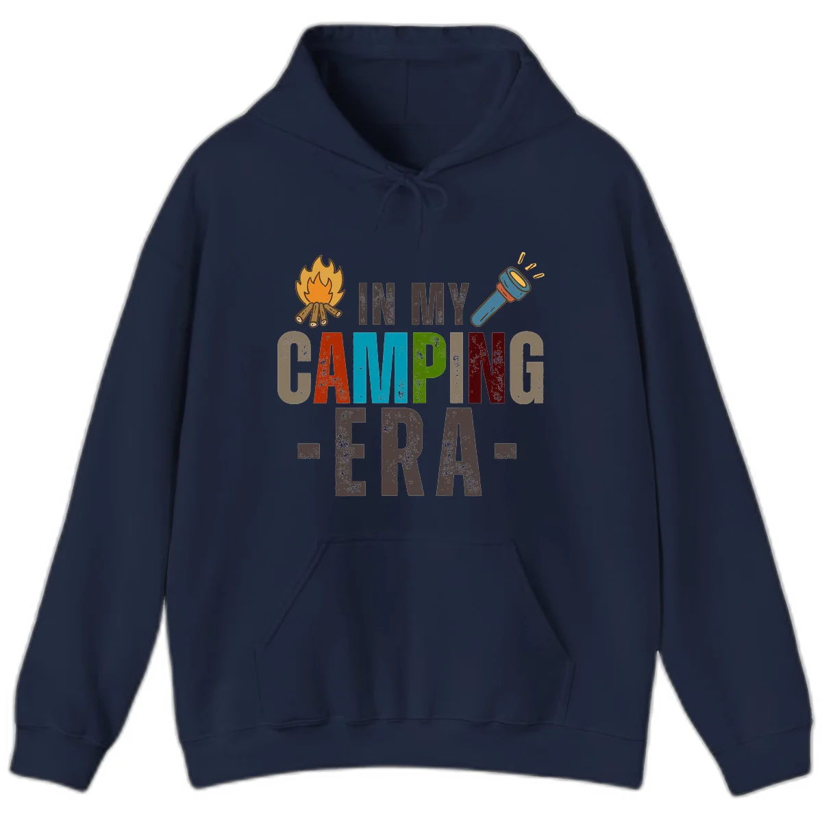 Campfire and flashlight icons flank colorful distressed text reading 'In My Camping Era' on gray background in Navy