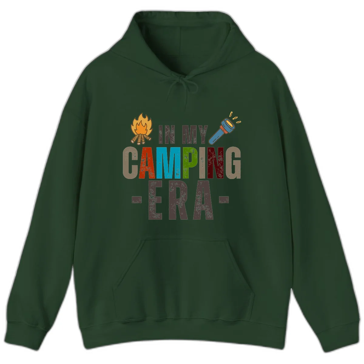 Campfire and flashlight icons flank colorful distressed text reading 'In My Camping Era' on gray background in Forest Green