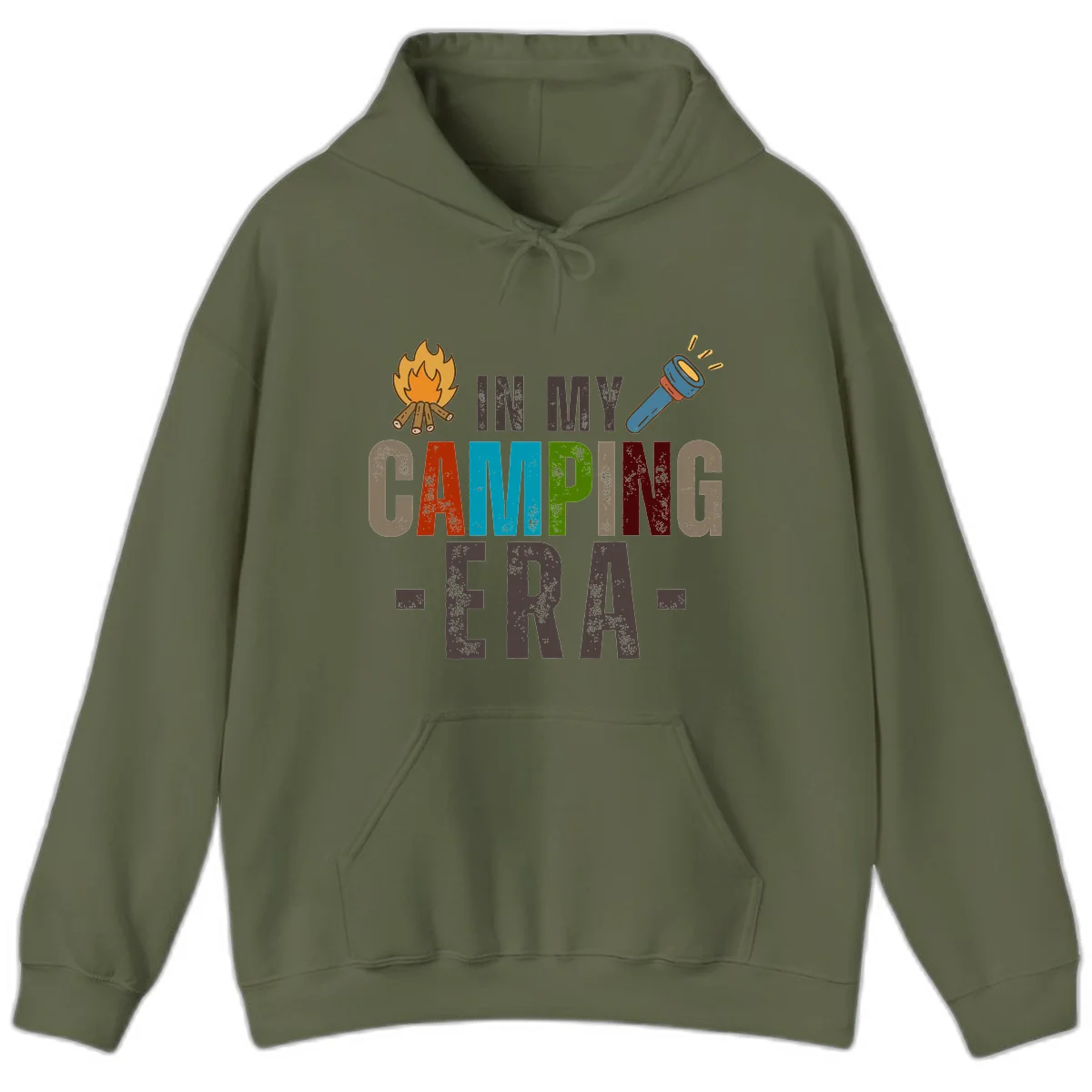 Campfire and flashlight icons flank colorful distressed text reading 'In My Camping Era' on gray background in Military Green