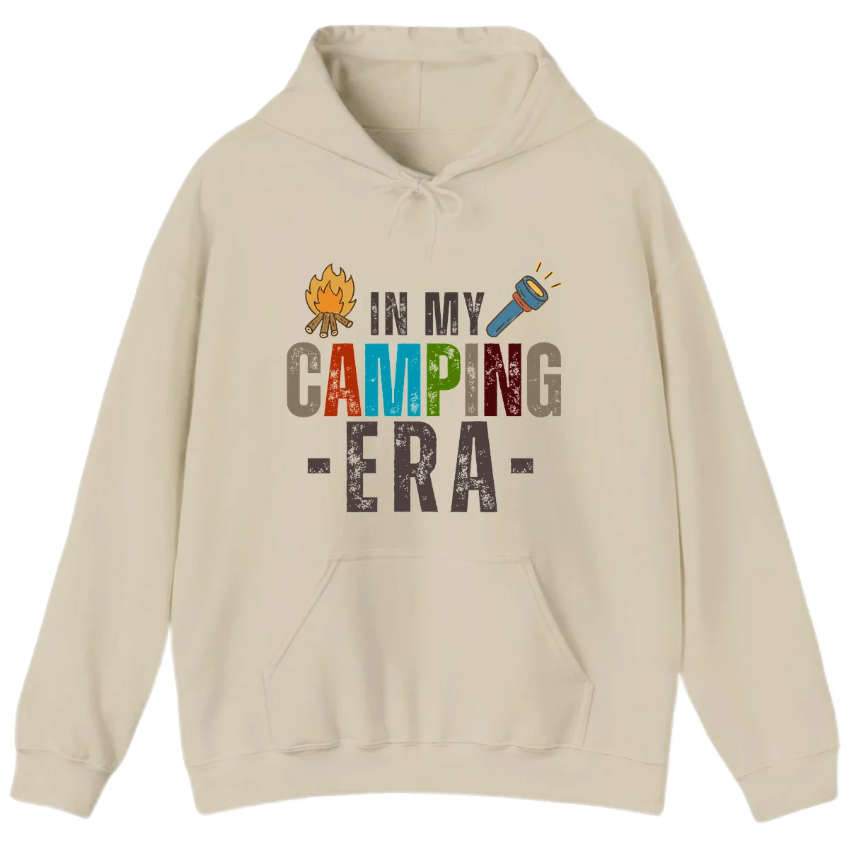 Campfire and flashlight icons flank colorful distressed text reading 'In My Camping Era' on gray background in Sand