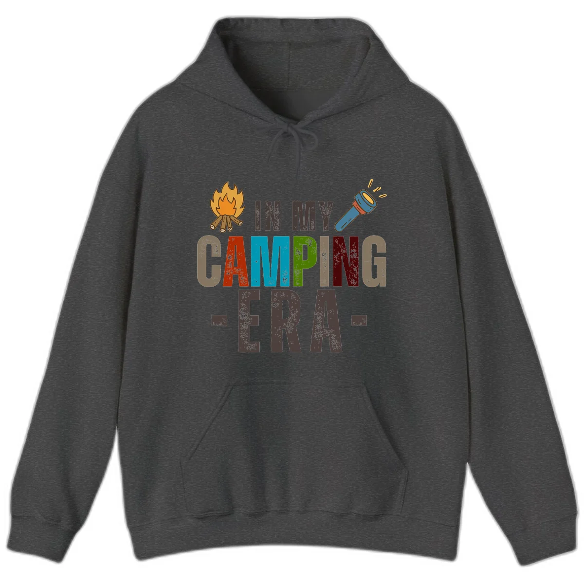 Campfire and flashlight icons flank colorful distressed text reading 'In My Camping Era' on gray background in Dark Heather
