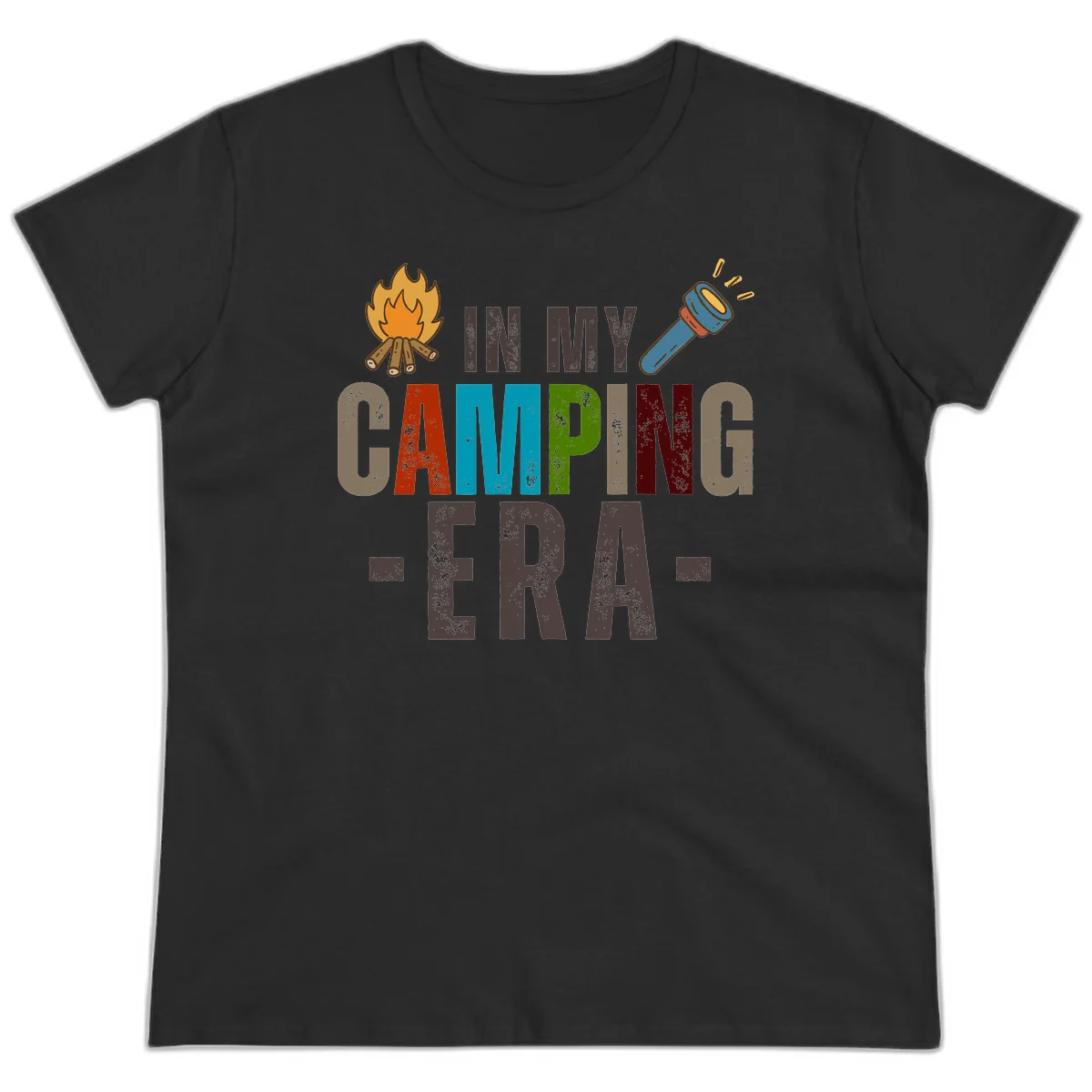 Campfire and flashlight icons flank colorful distressed text reading 'In My Camping Era' on gray background in Black