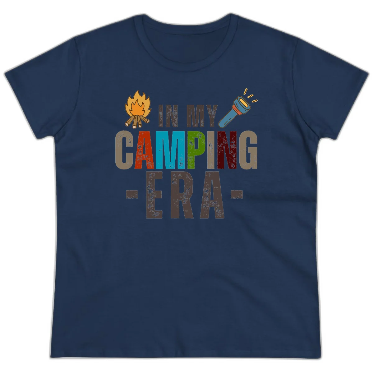 Campfire and flashlight icons flank colorful distressed text reading 'In My Camping Era' on gray background in Navy