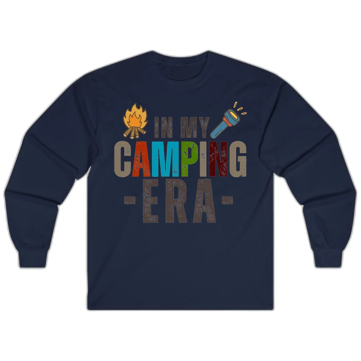 Campfire and flashlight icons flank colorful distressed text reading 'In My Camping Era' on gray background in Navy