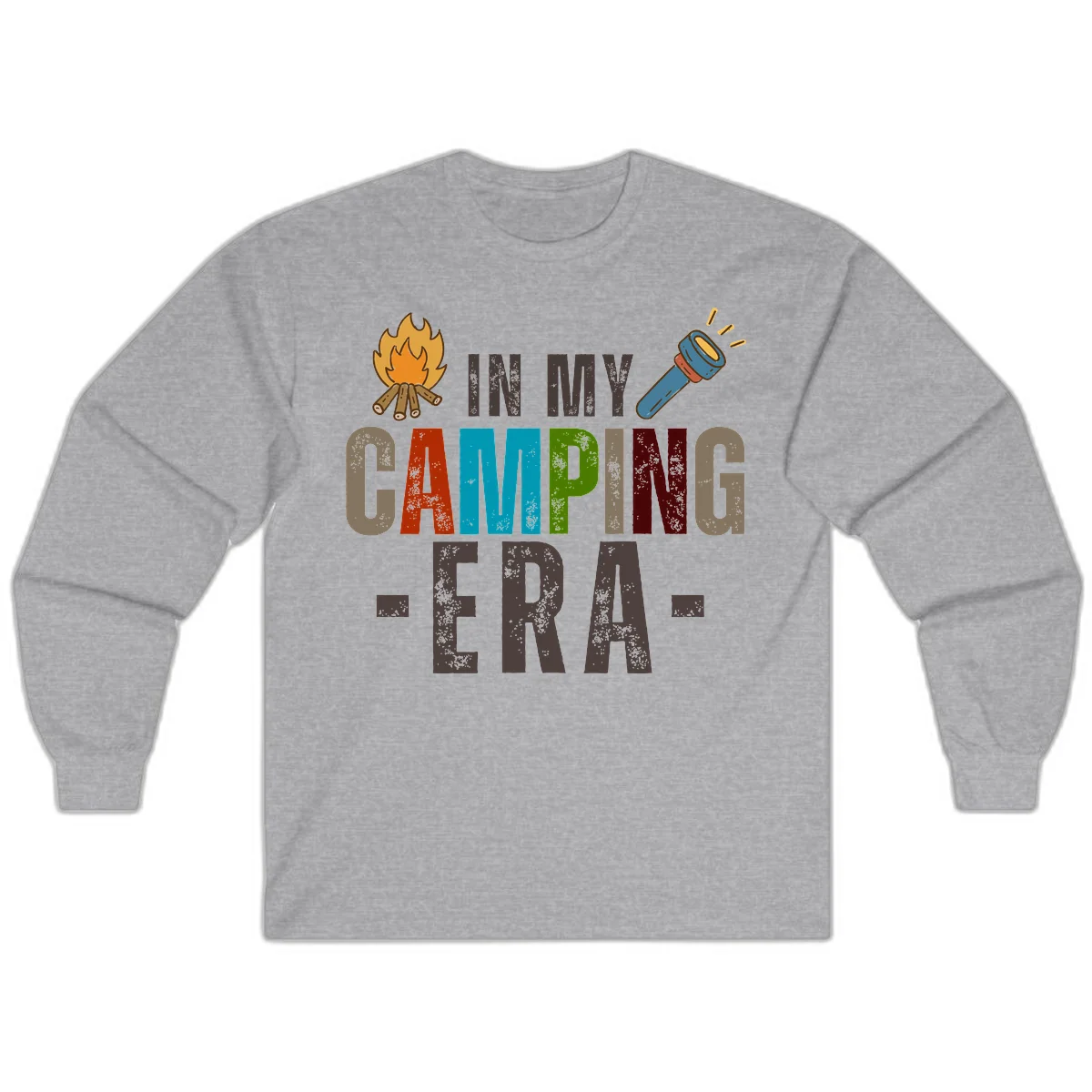 Campfire and flashlight icons flank colorful distressed text reading 'In My Camping Era' on gray background in Sport Grey