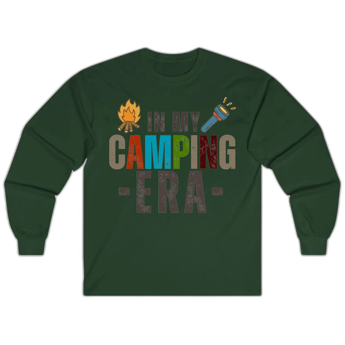 Campfire and flashlight icons flank colorful distressed text reading 'In My Camping Era' on gray background in Forest Green