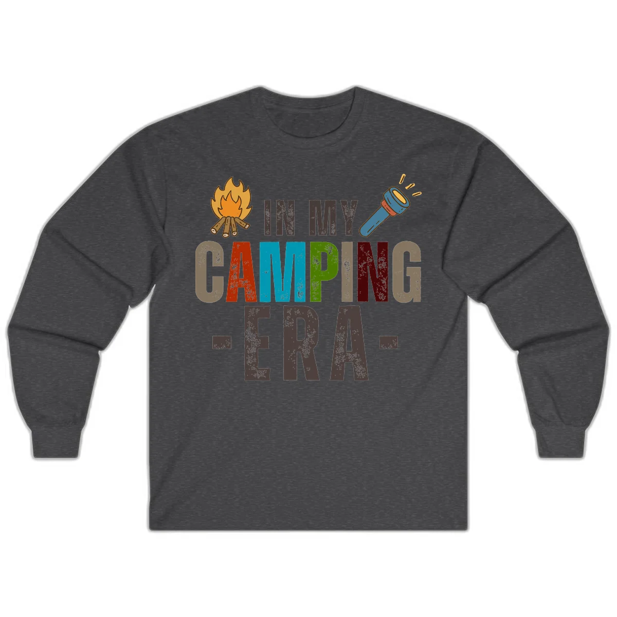 Campfire and flashlight icons flank colorful distressed text reading 'In My Camping Era' on gray background in Dark Heather