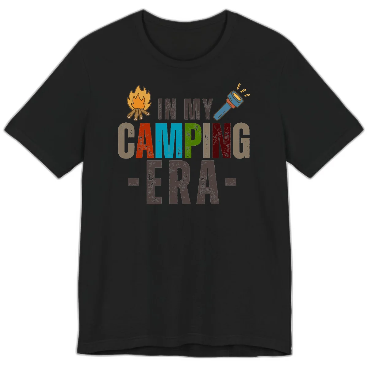 Campfire and flashlight icons flank colorful distressed text reading 'In My Camping Era' on gray background in Black