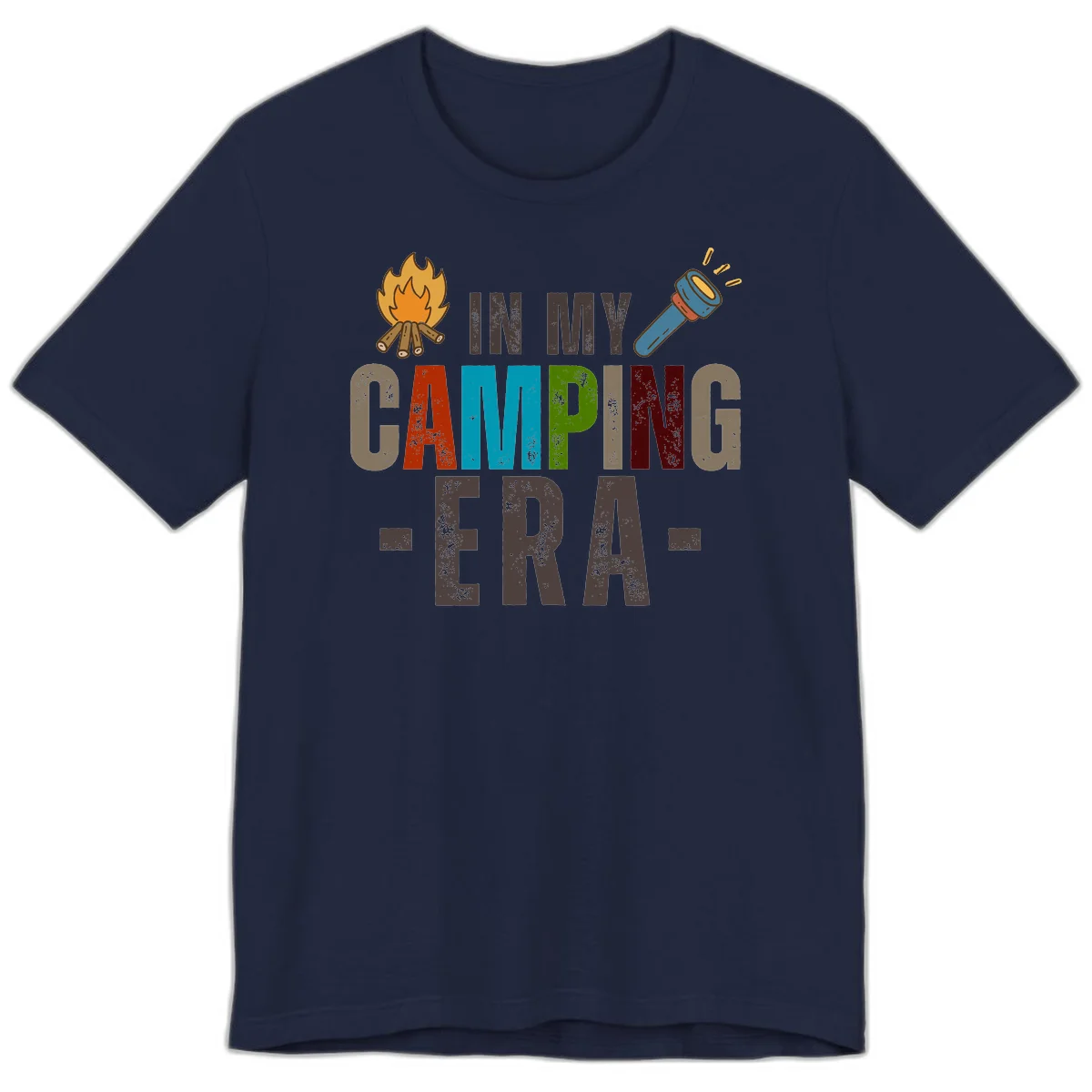 Campfire and flashlight icons flank colorful distressed text reading 'In My Camping Era' on gray background in Navy