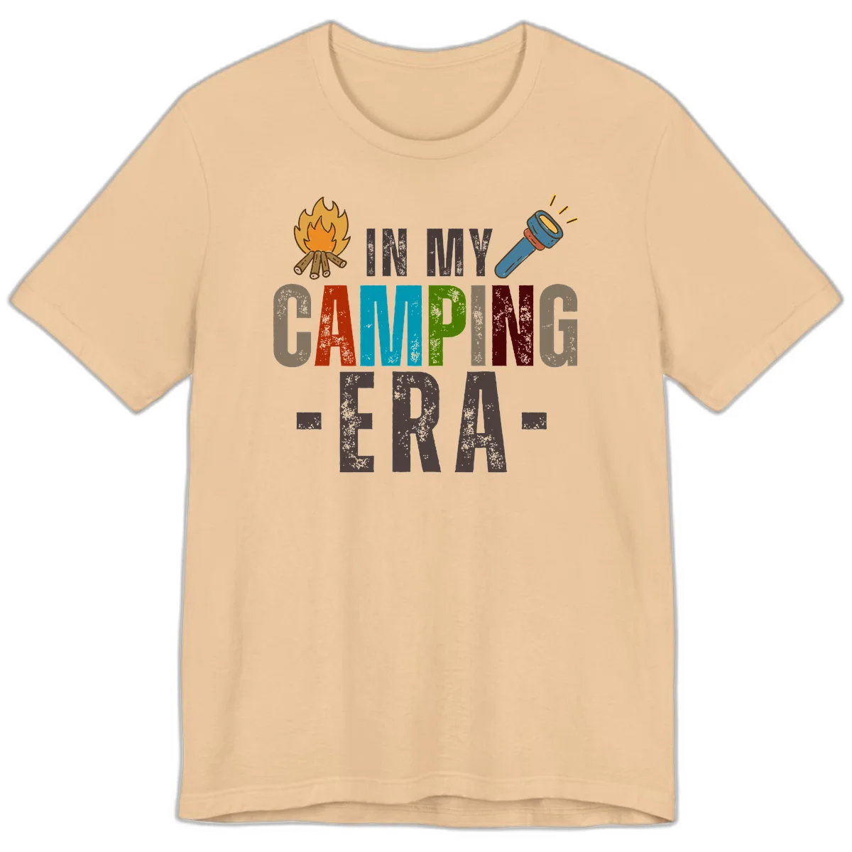 Campfire and flashlight icons flank colorful distressed text reading 'In My Camping Era' on gray background in Sand Dune