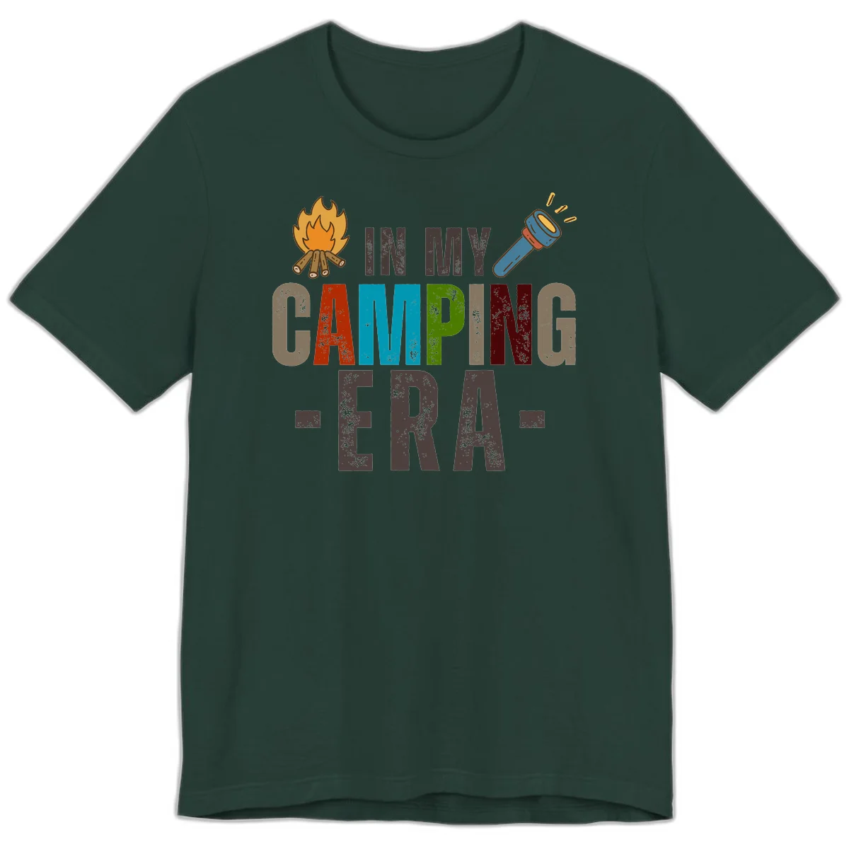 Campfire and flashlight icons flank colorful distressed text reading 'In My Camping Era' on gray background in Forest