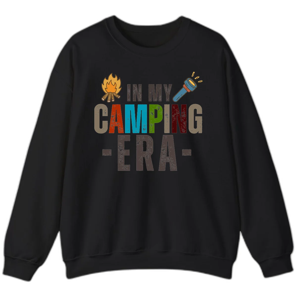 Campfire and flashlight icons flank colorful distressed text reading 'In My Camping Era' on gray background in Black
