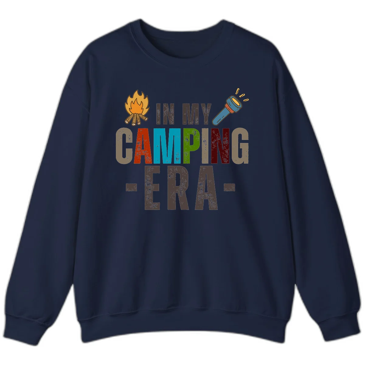 Campfire and flashlight icons flank colorful distressed text reading 'In My Camping Era' on gray background in Navy