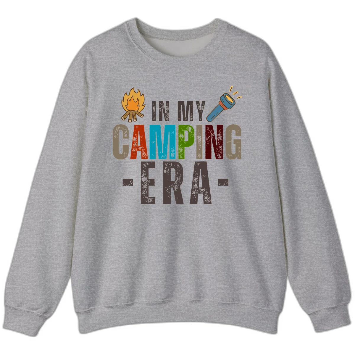 Campfire and flashlight icons flank colorful distressed text reading 'In My Camping Era' on gray background in Sport Grey