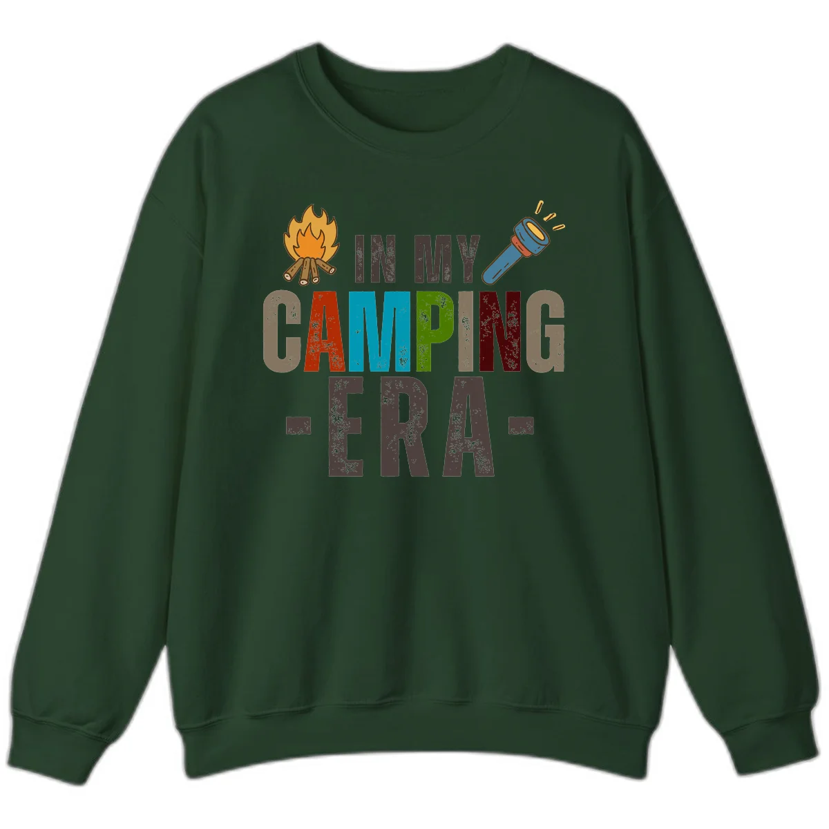 Campfire and flashlight icons flank colorful distressed text reading 'In My Camping Era' on gray background in Forest Green