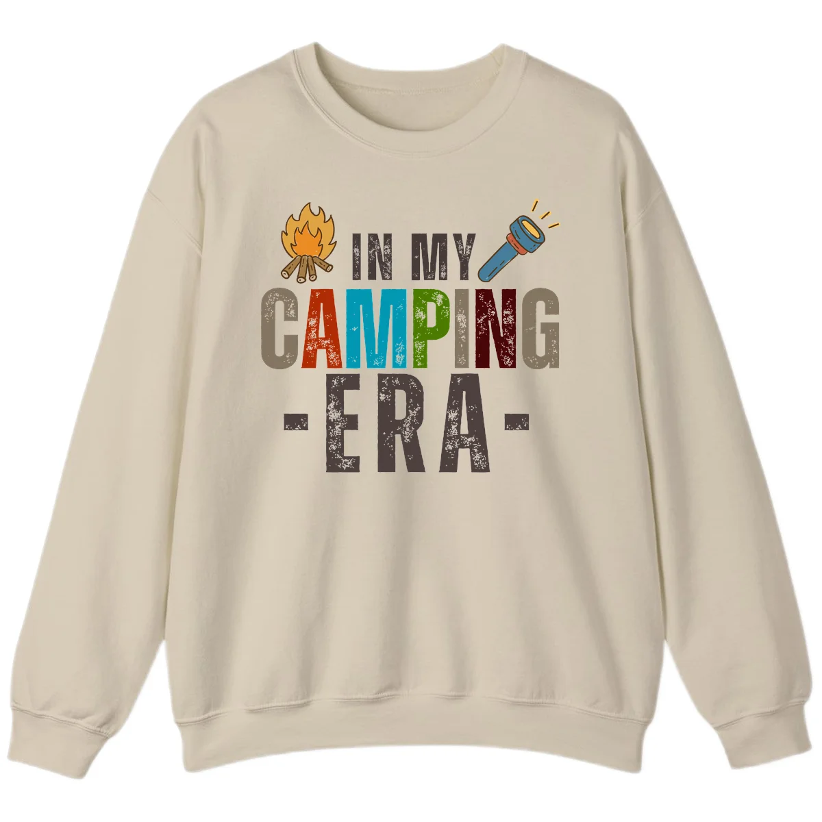 Campfire and flashlight icons flank colorful distressed text reading 'In My Camping Era' on gray background in Sand
