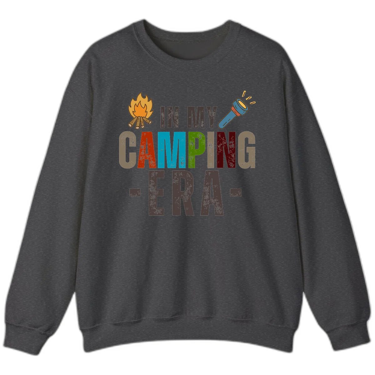 Campfire and flashlight icons flank colorful distressed text reading 'In My Camping Era' on gray background in Dark Heather