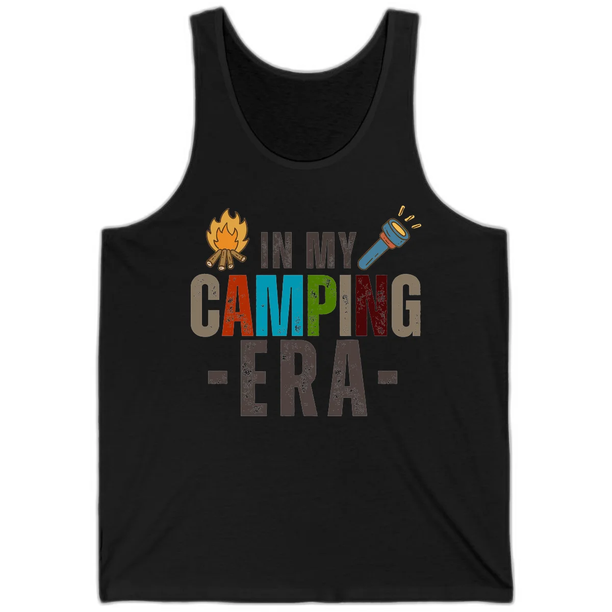Campfire and flashlight icons flank colorful distressed text reading 'In My Camping Era' on gray background in Black