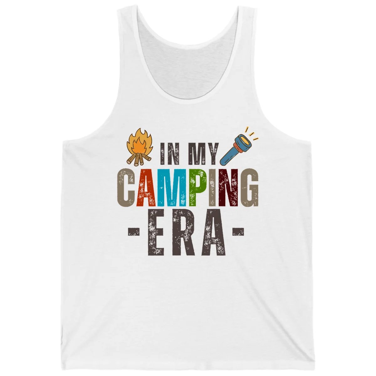 Campfire and flashlight icons flank colorful distressed text reading 'In My Camping Era' on gray background in White