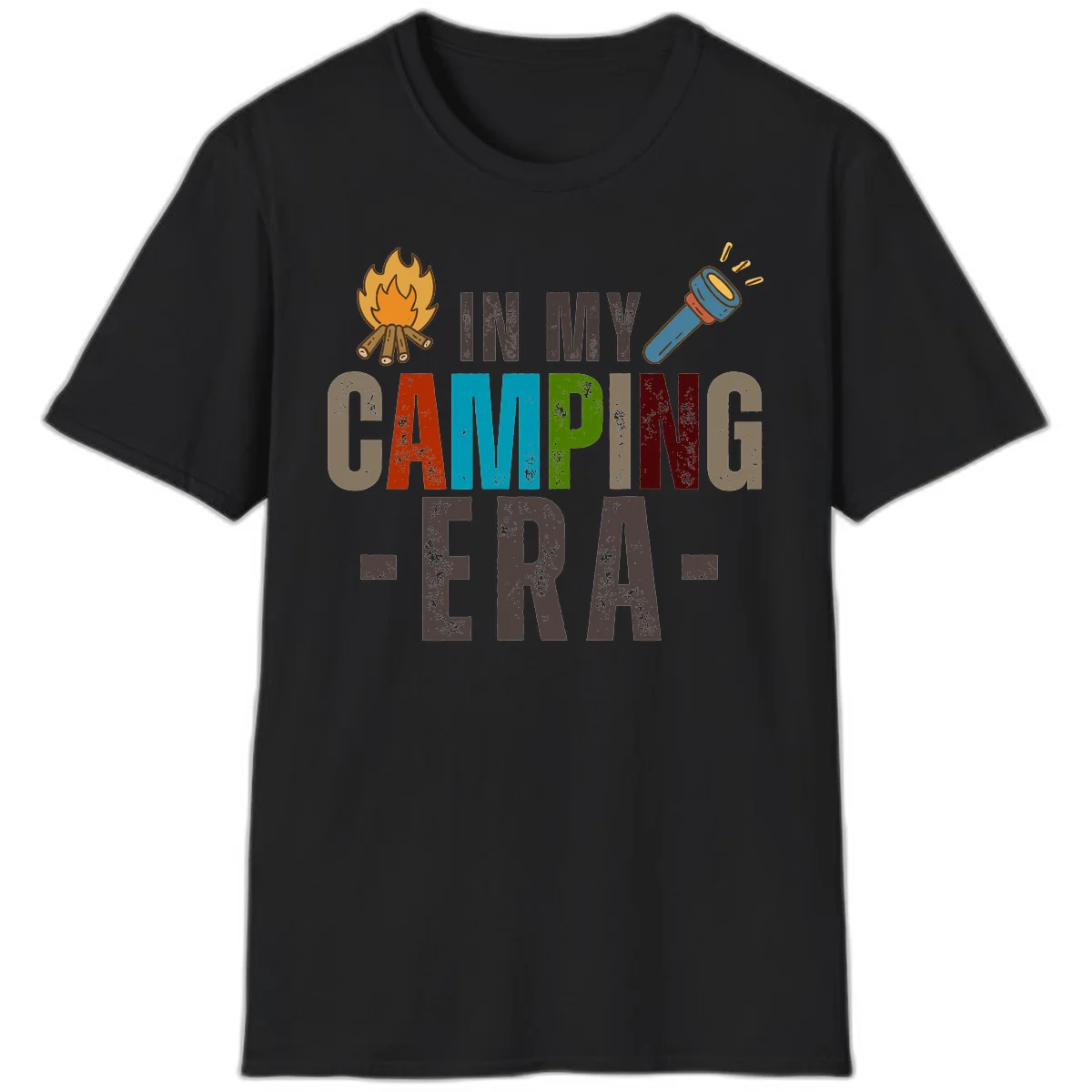 Campfire and flashlight icons flank colorful distressed text reading 'In My Camping Era' on gray background in Black