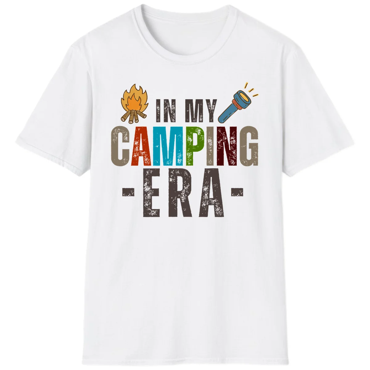Campfire and flashlight icons flank colorful distressed text reading 'In My Camping Era' on gray background in White
