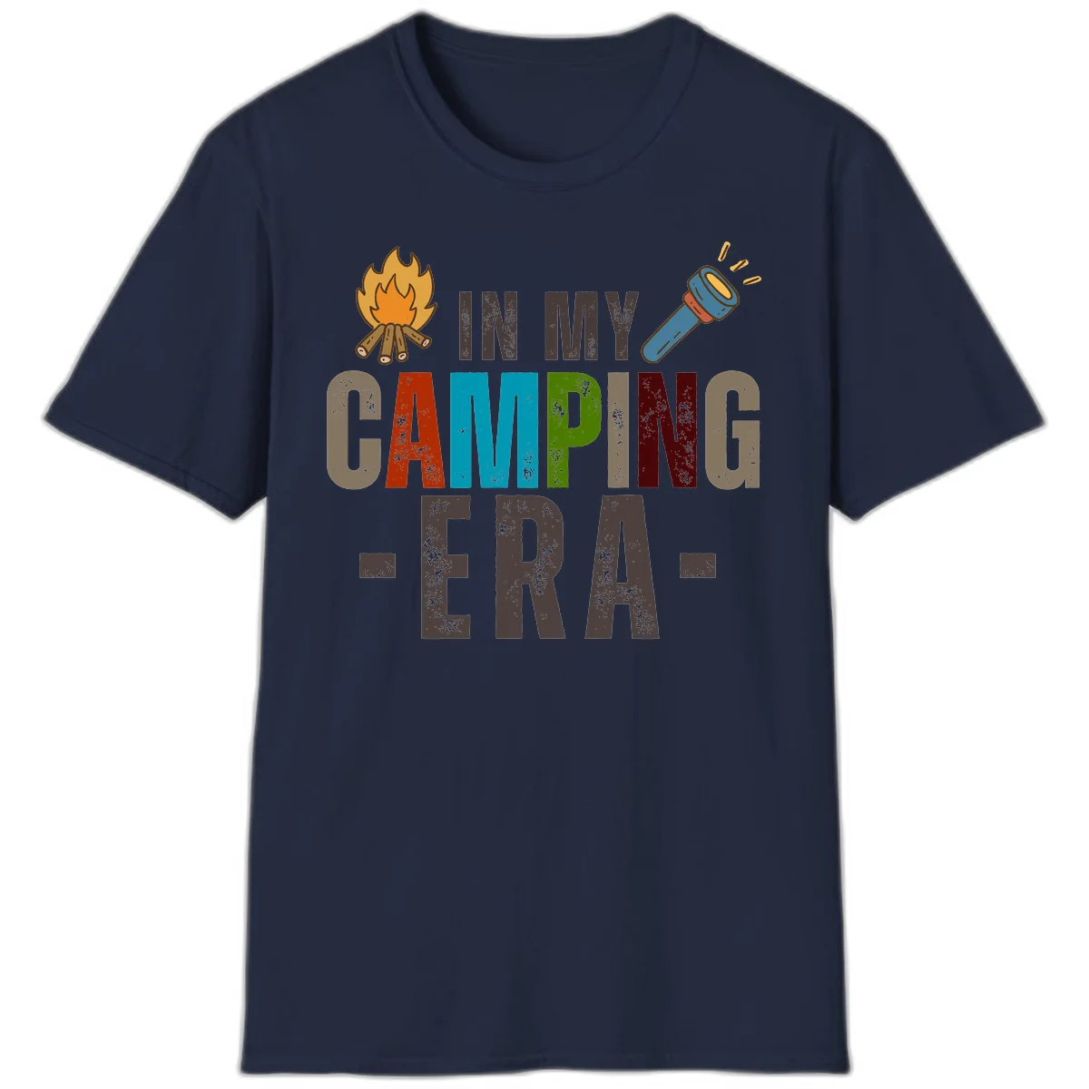 Campfire and flashlight icons flank colorful distressed text reading 'In My Camping Era' on gray background in Navy