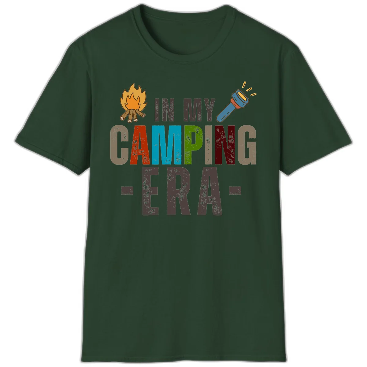 Campfire and flashlight icons flank colorful distressed text reading 'In My Camping Era' on gray background in Forest Green