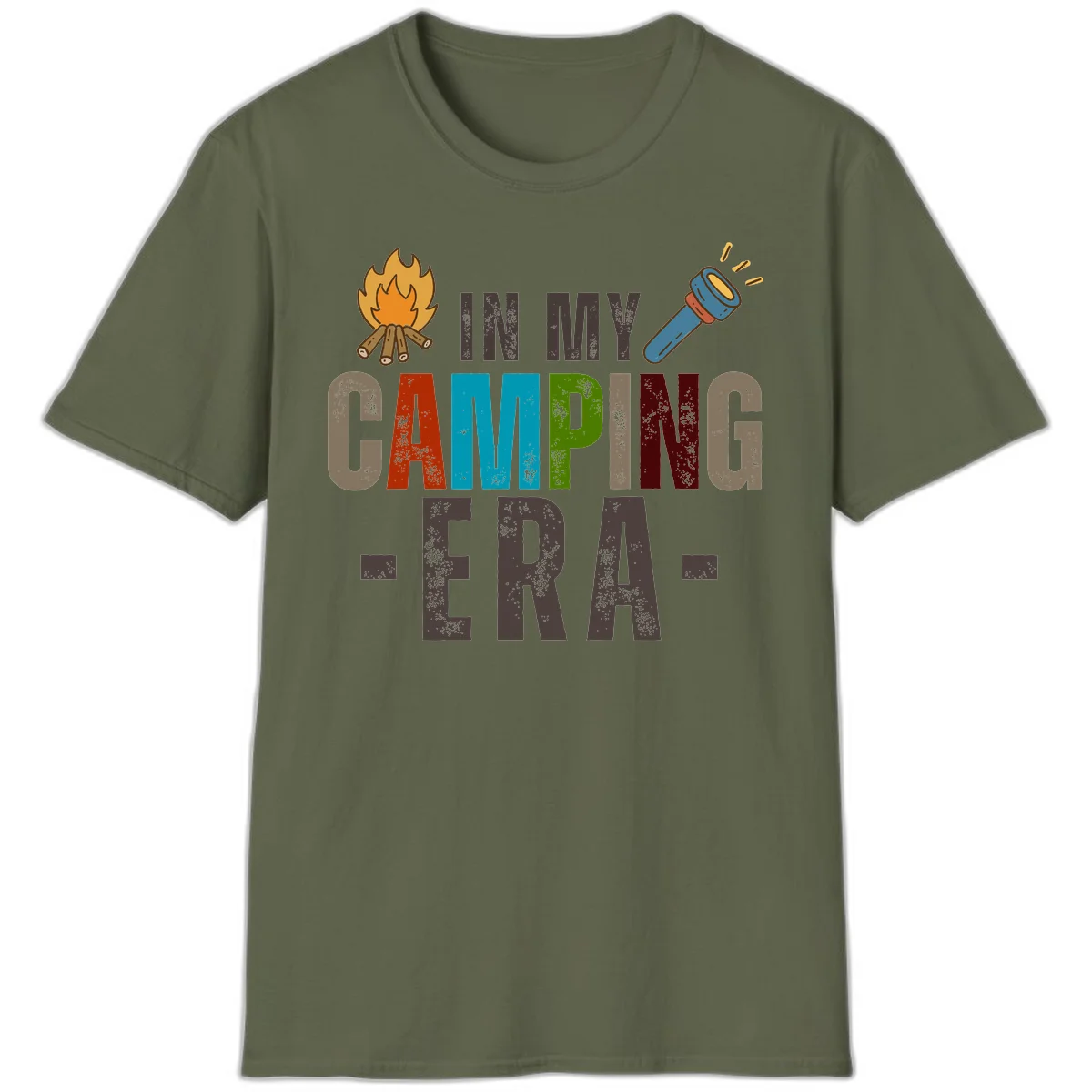 Campfire and flashlight icons flank colorful distressed text reading 'In My Camping Era' on gray background in Military Green