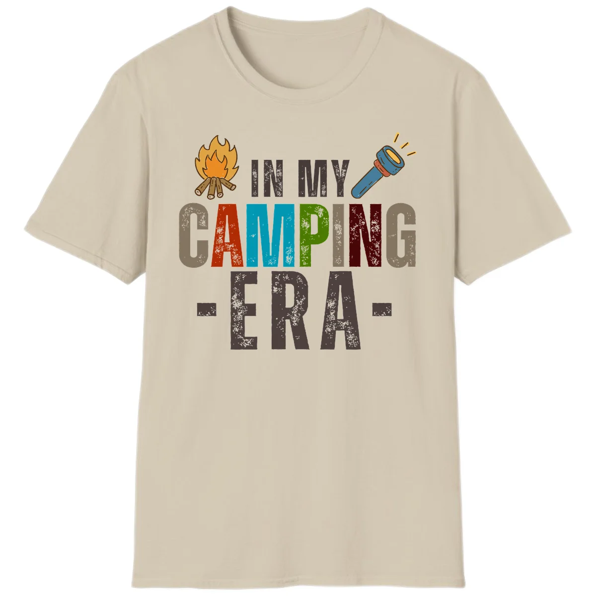Campfire and flashlight icons flank colorful distressed text reading 'In My Camping Era' on gray background in Sand