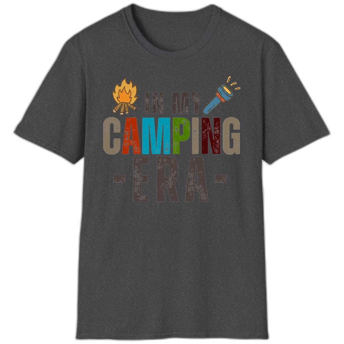 Campfire and flashlight icons flank colorful distressed text reading 'In My Camping Era' on gray background in Dark Heather