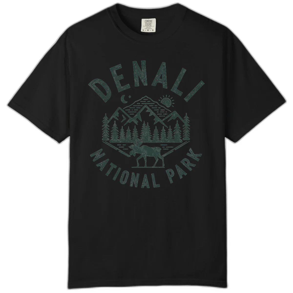 Denial National Park badge design with moose walking through forest, mountains, sun and moon with crossed fishing rods in Black