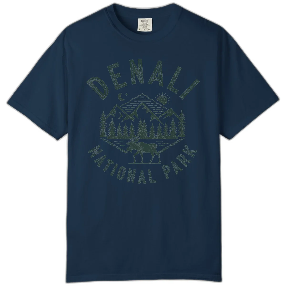 Denial National Park badge design with moose walking through forest, mountains, sun and moon with crossed fishing rods in True Navy
