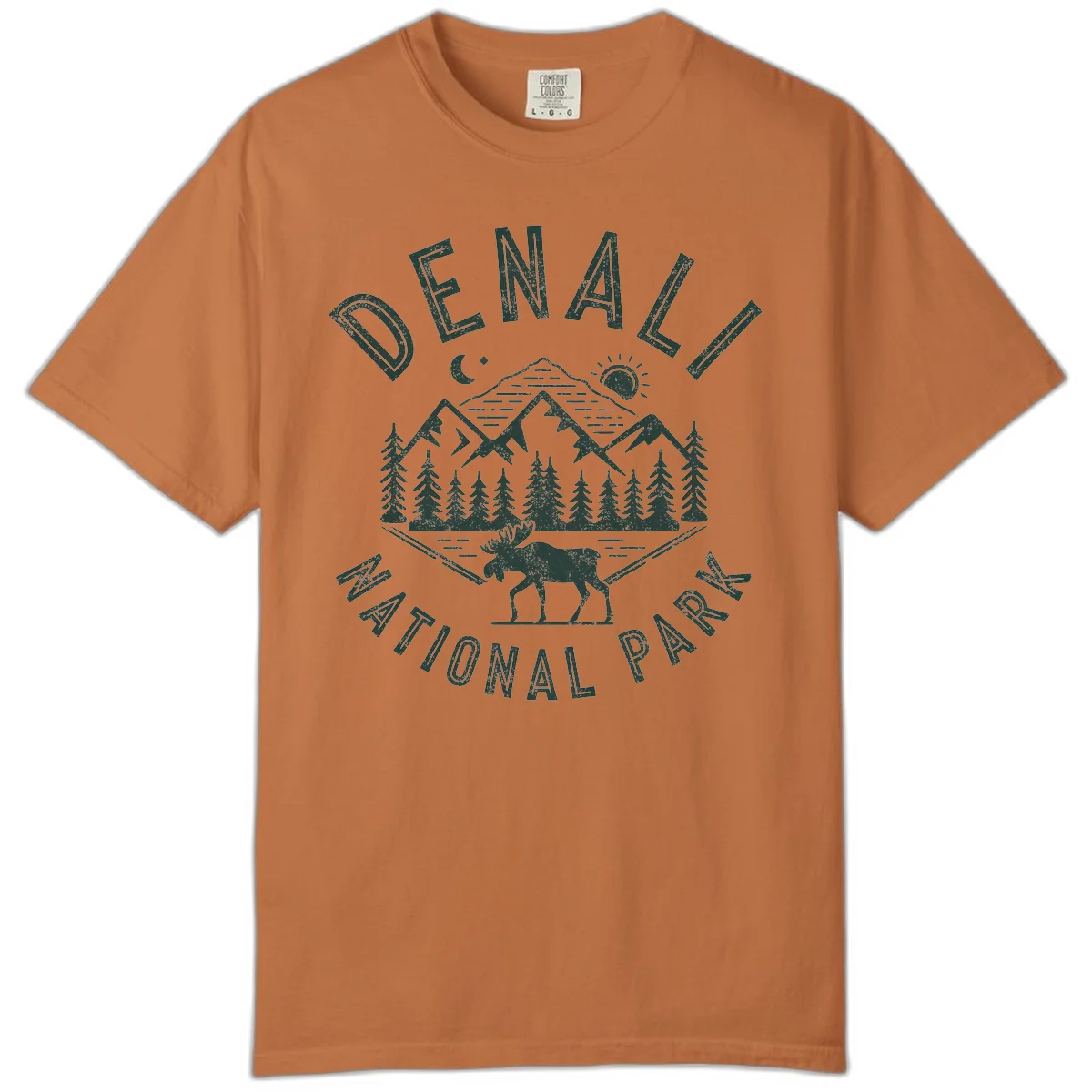 Denial National Park badge design with moose walking through forest, mountains, sun and moon with crossed fishing rods in Yam