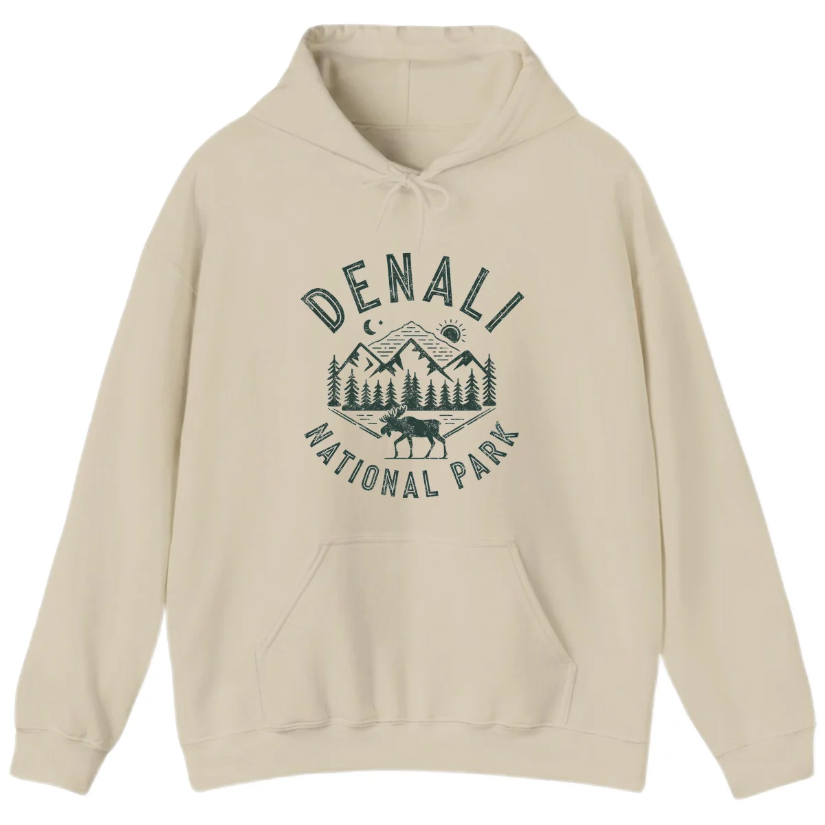 Denial National Park badge design with moose walking through forest, mountains, sun and moon with crossed fishing rods in Sand