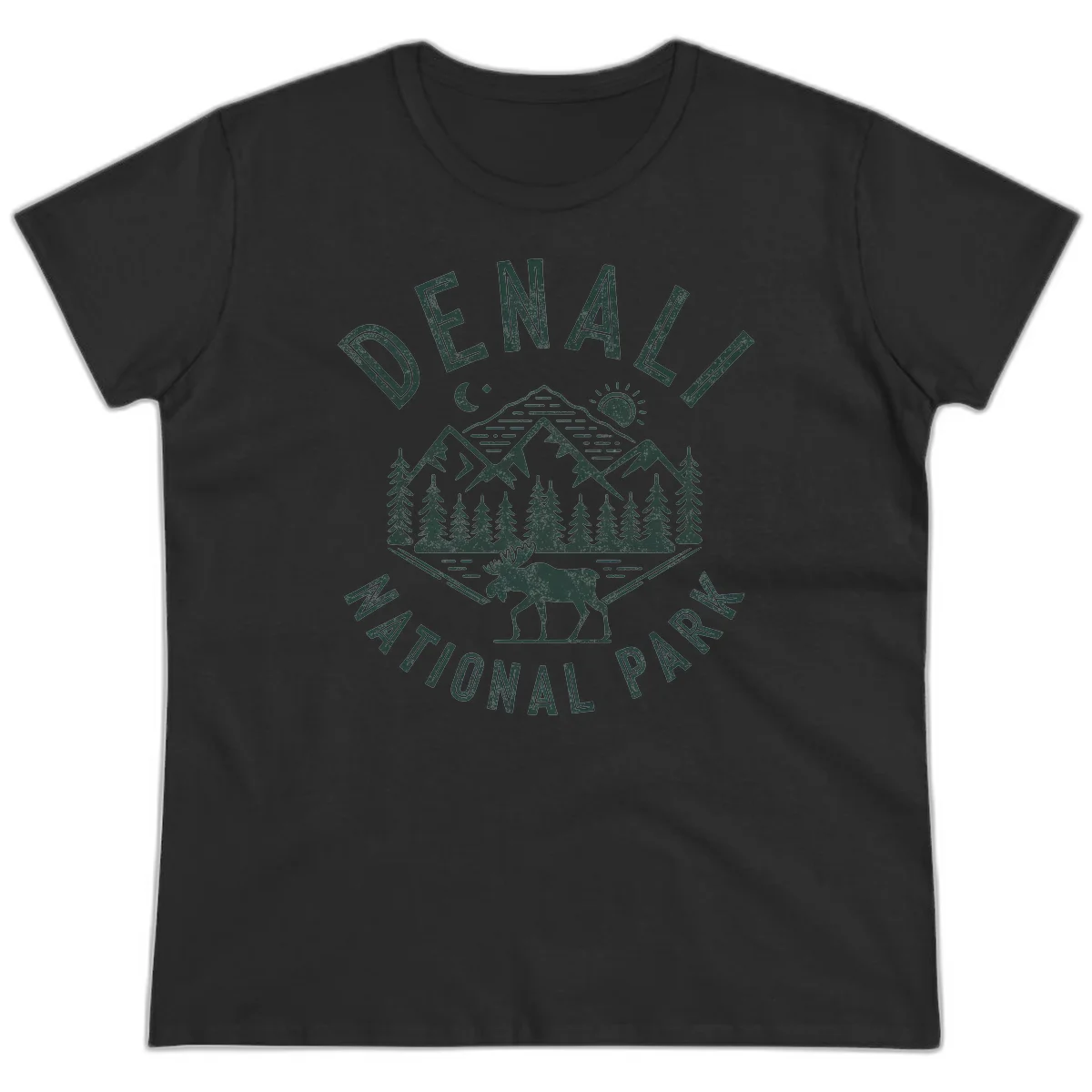 Denial National Park badge design with moose walking through forest, mountains, sun and moon with crossed fishing rods in Black