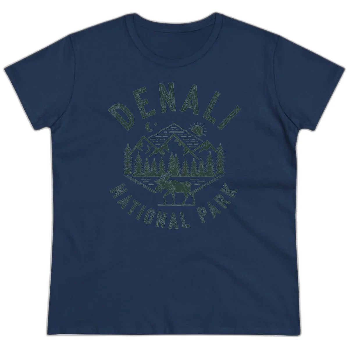 Denial National Park badge design with moose walking through forest, mountains, sun and moon with crossed fishing rods in Navy