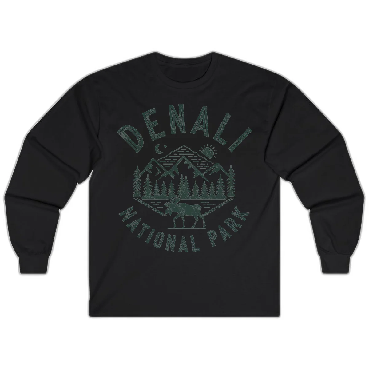 Denial National Park badge design with moose walking through forest, mountains, sun and moon with crossed fishing rods in Black