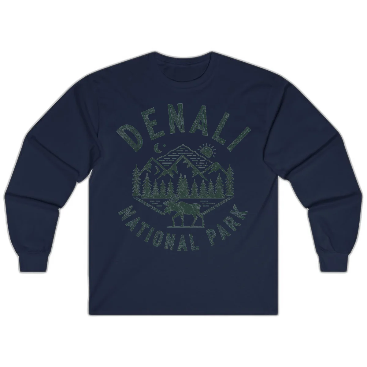 Denial National Park badge design with moose walking through forest, mountains, sun and moon with crossed fishing rods in Navy