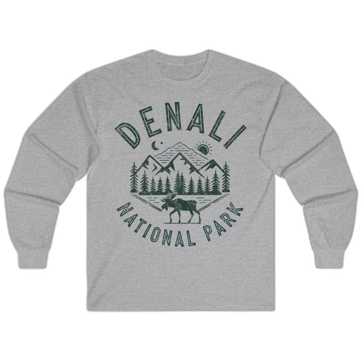 Denial National Park badge design with moose walking through forest, mountains, sun and moon with crossed fishing rods in Sport Grey