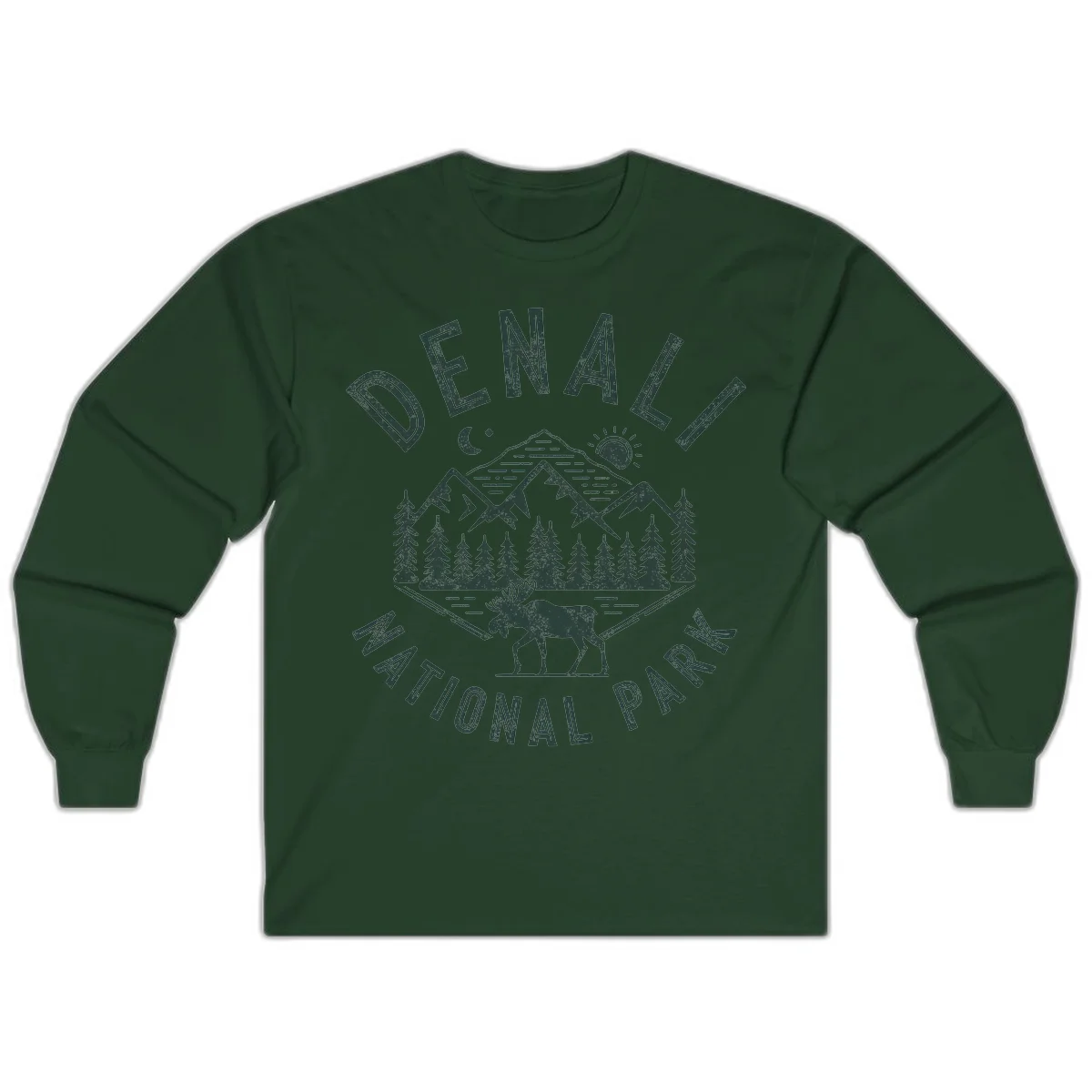 Denial National Park badge design with moose walking through forest, mountains, sun and moon with crossed fishing rods in Forest Green