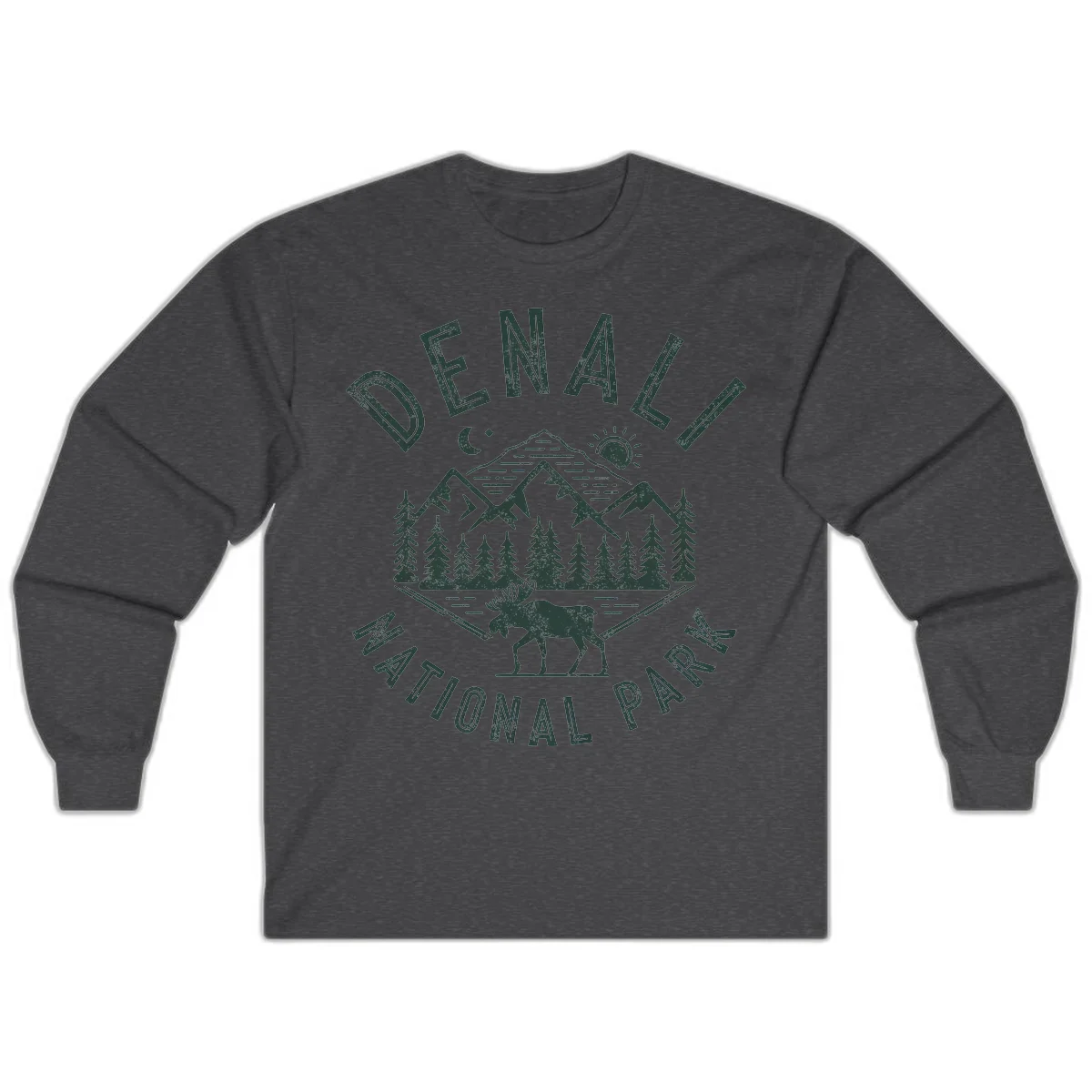 Denial National Park badge design with moose walking through forest, mountains, sun and moon with crossed fishing rods in Dark Heather