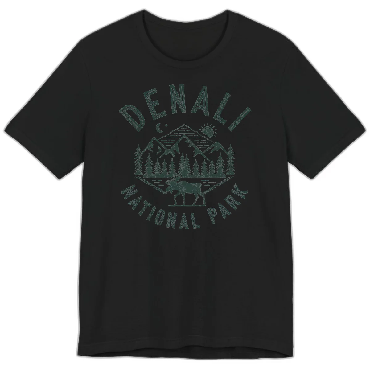 Denial National Park badge design with moose walking through forest, mountains, sun and moon with crossed fishing rods in Black