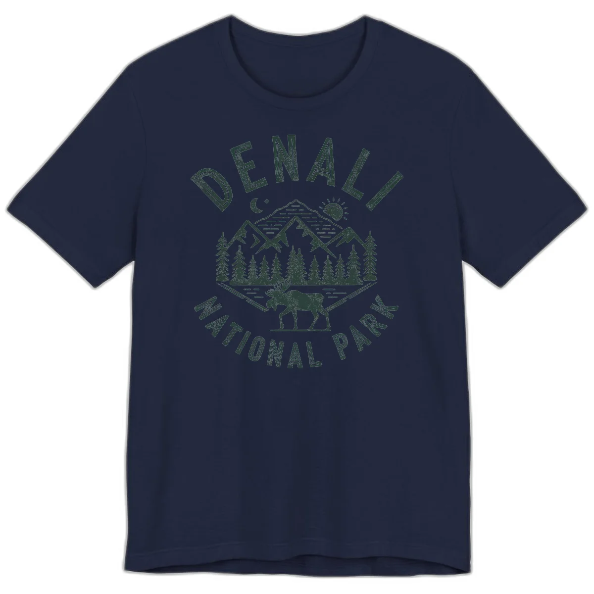 Denial National Park badge design with moose walking through forest, mountains, sun and moon with crossed fishing rods in Navy