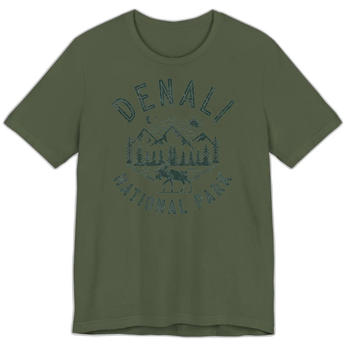 Denial National Park badge design with moose walking through forest, mountains, sun and moon with crossed fishing rods in Military Green