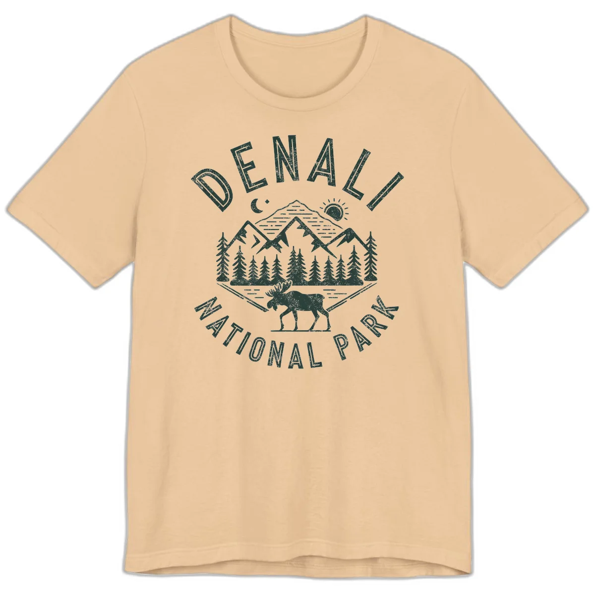 Denial National Park badge design with moose walking through forest, mountains, sun and moon with crossed fishing rods in Sand Dune