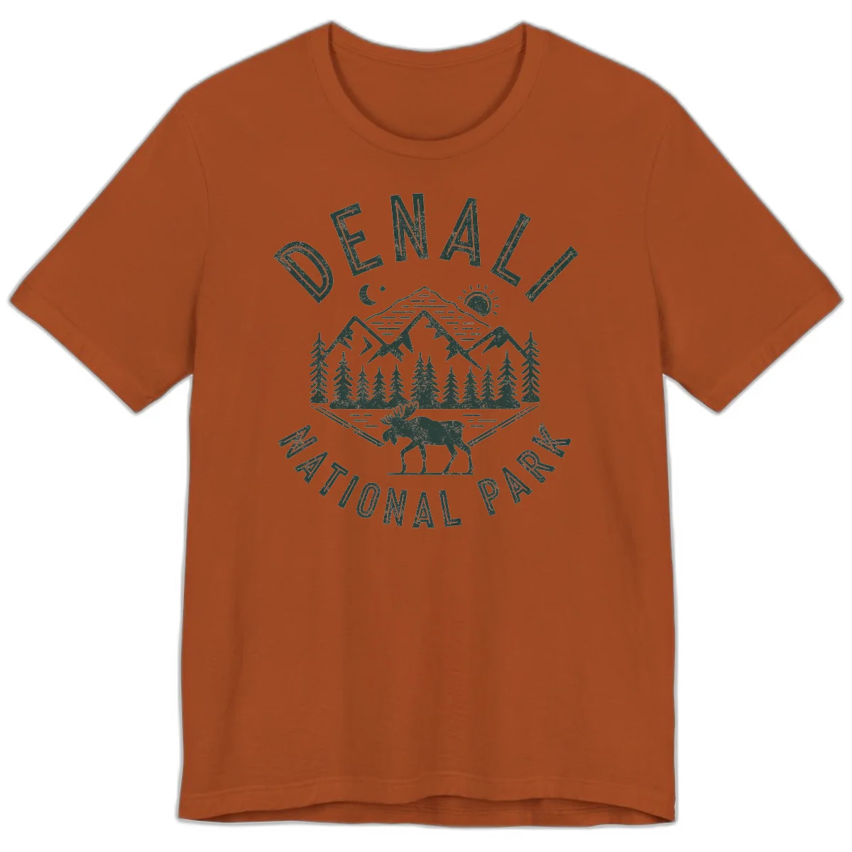 Denial National Park badge design with moose walking through forest, mountains, sun and moon with crossed fishing rods in Autumn