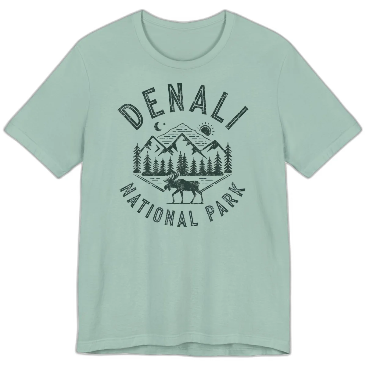 Denial National Park badge design with moose walking through forest, mountains, sun and moon with crossed fishing rods in Dusty Blue