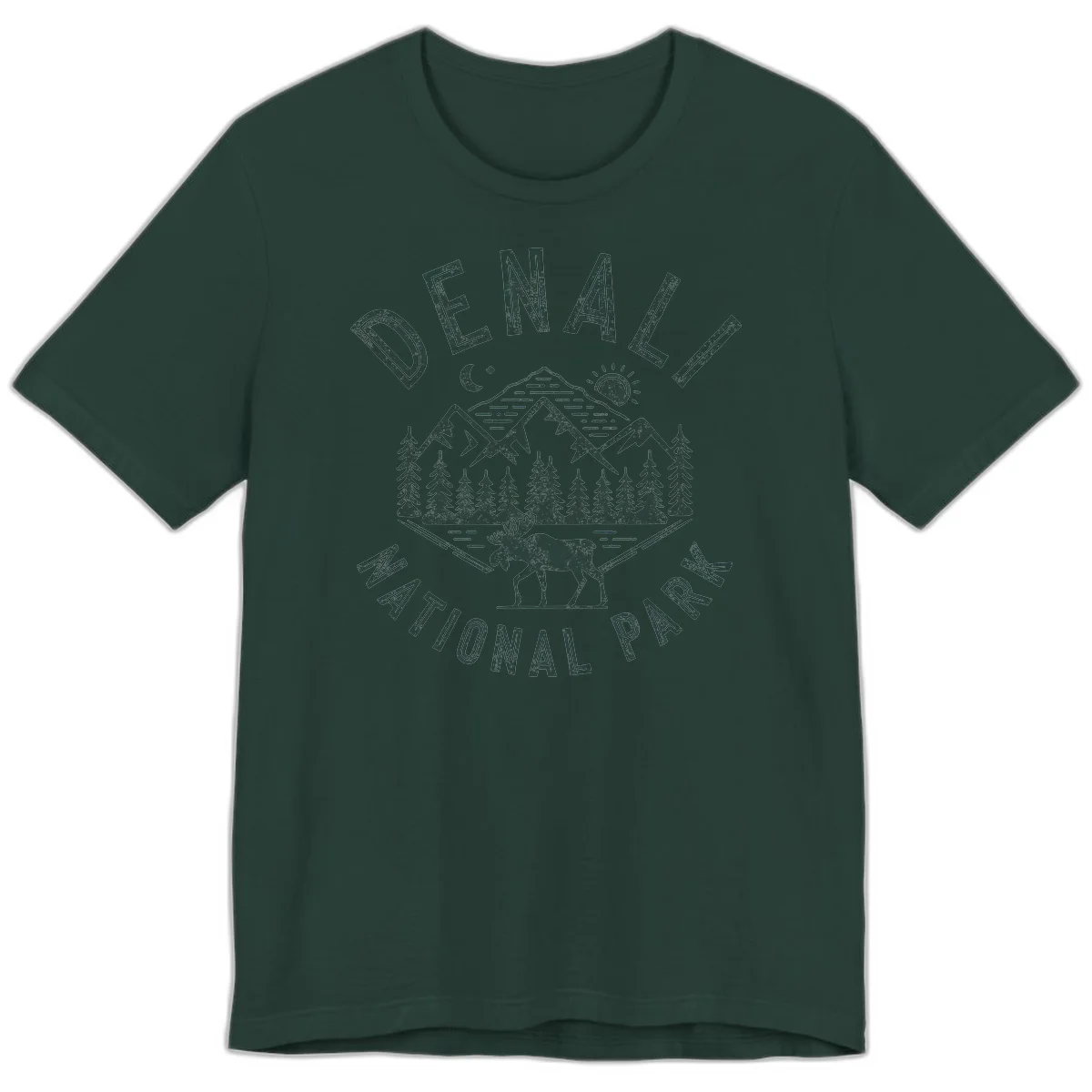 Denial National Park badge design with moose walking through forest, mountains, sun and moon with crossed fishing rods in Forest