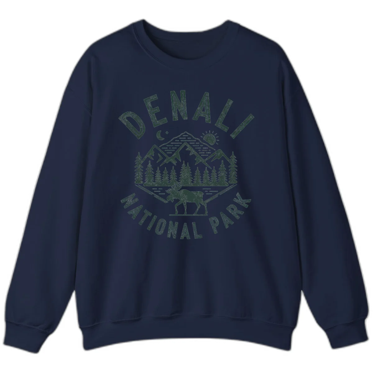 Denial National Park badge design with moose walking through forest, mountains, sun and moon with crossed fishing rods in Navy